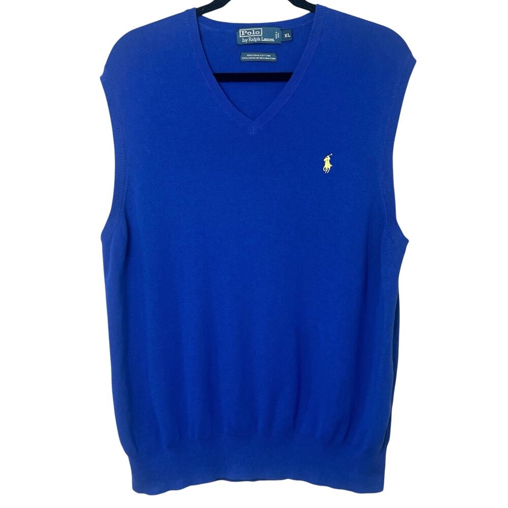 Polo Ralph Lauren V-Neck Pima Cotton Sweater Vest Small Pony Logo Blue Size XL